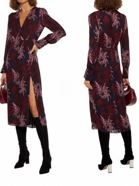 A.L.C. Bailey Silk Abstract Floral Print Surplice V Neck Women’s Midi Dress NEW